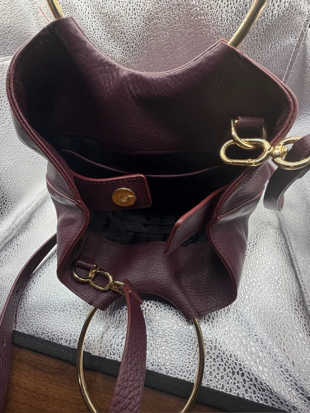 Thacker New York Bonnie O gold handle bucket Crossbody Purse burgundy Leather